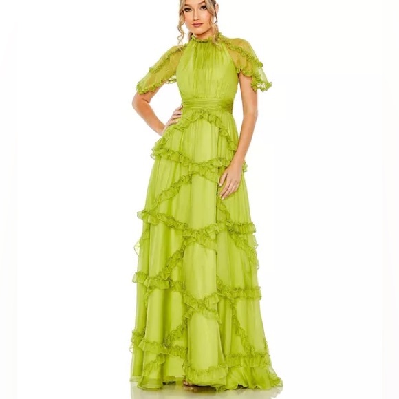 Mac Duggal Dresses & Skirts - Mac Duggal Chiffon Cascading Ruffle Flutter Sleeve Gown Color Apple Green Size 4